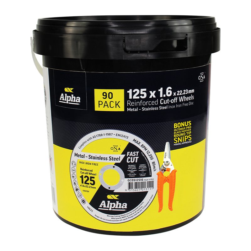 Alpha 125 x 1.6mm cutting discs – 90 pack with bonus snips