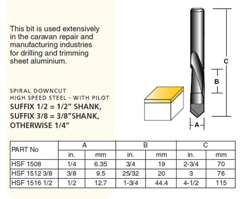 CARBiTOOL Aluminium Drilling and Caravan Trimming Router Bit HSF1512 3/8