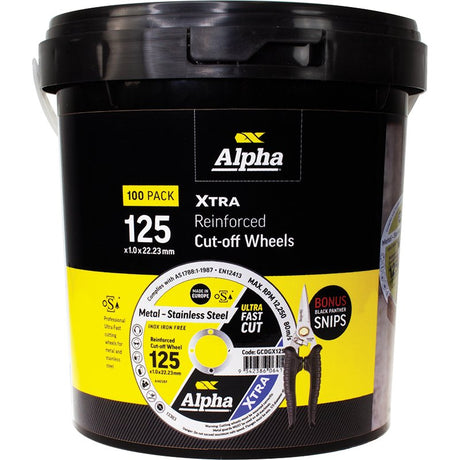 Alpha XTRA 125 x 1.0mm cut-off wheels – 100 pack with bonus snips