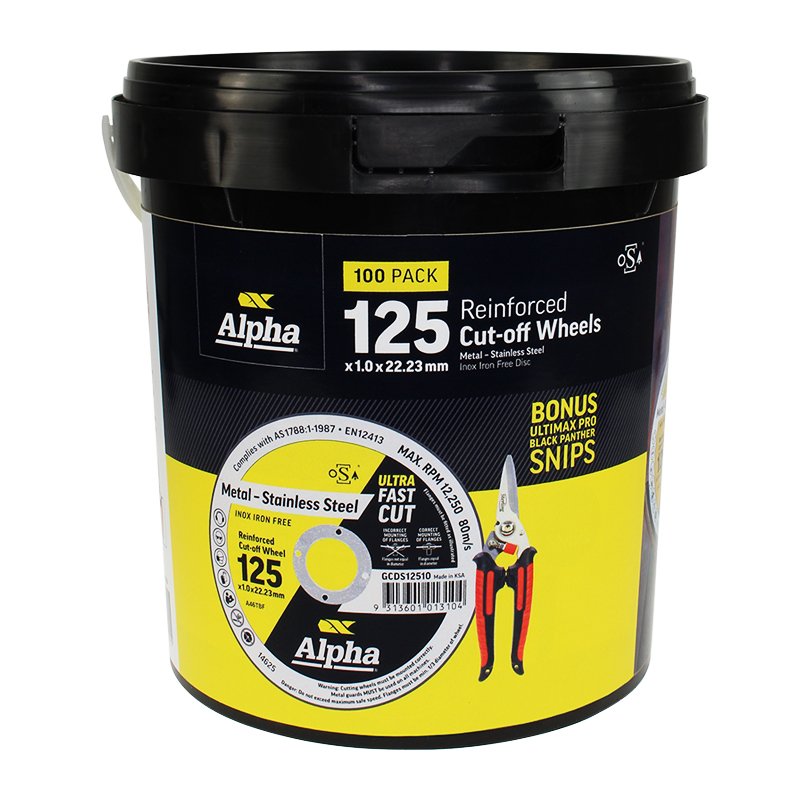 Alpha 125 x 1.0mm cutting discs – 100 pack with bonus snips