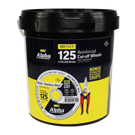 Alpha 125 x 1.0mm cutting discs – 100 pack with bonus snips